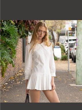 White Pleated Mini Dress with Peter Pan Collar - Women's Dress